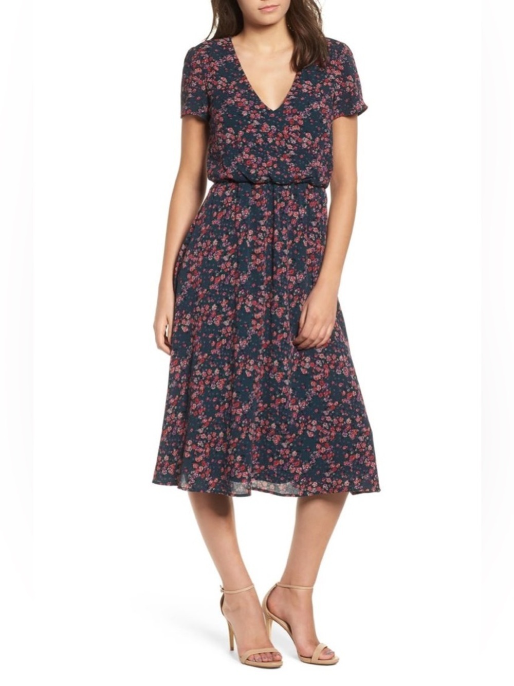 WAYF Women’s Green and Pink Floral Short Sleeve V Neck Blouson Dress, Size Small